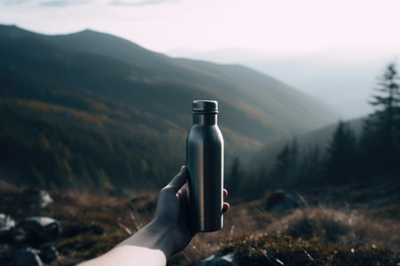 Hands holding bottle of water on top of the mountain at sunsetの素材