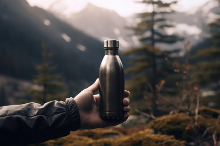 Hiking and camping equipment in the mountains. Tourist with a flask in his hand.の素材