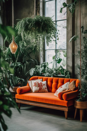 Interior design of cozy living room with orange sofa and green plantsの素材