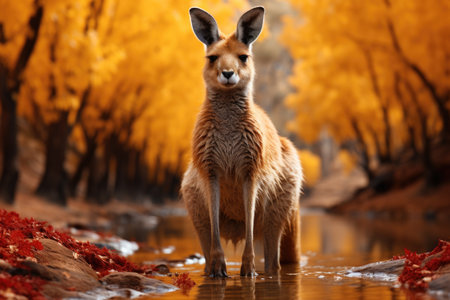 Red kangaroo at the edge of a river in autumn forestの素材