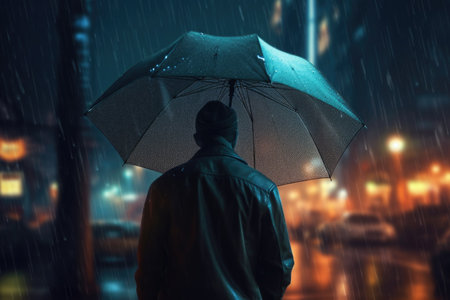 Back view of man in raincoat with umbrella against night city backgroundの素材