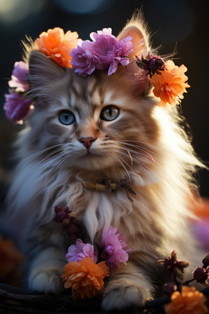 Portrait of a maine coon kitten in a wreath of flowersの素材