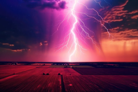 Lightning strike in a field. 3d rendering. Computer digital drawing.の素材