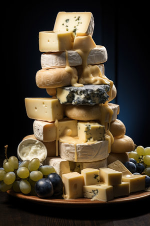 Cheese platter with assorted cheeses and grapes on wooden tableの素材