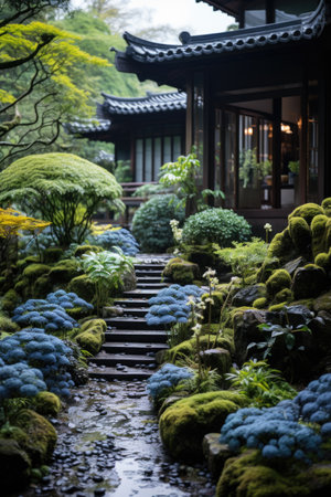Japanese garden with stone stairs and green plants in the city park.の素材