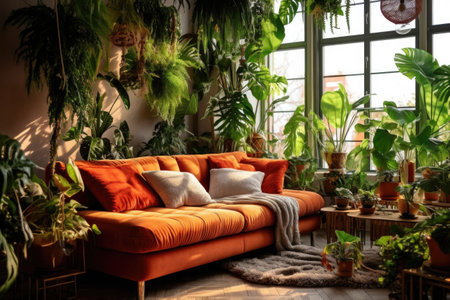 Cozy living room with orange sofa, pillows and tropical plantsの素材