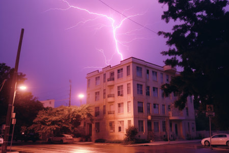 Lightning strike in the city at night. Stormy weather.の素材