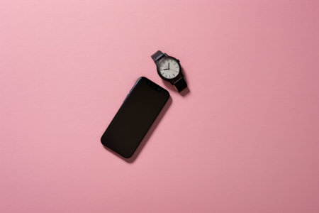 Smart watch and smart phone on a pink background. Top view.の素材