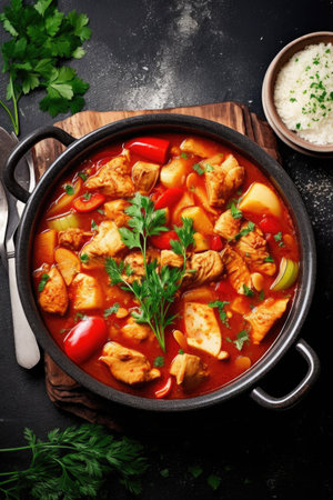 Chicken tikka masala with vegetables and rice on dark backgroundの素材