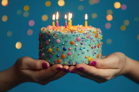 Birthday cake with candles in female hands on blue background with bokehの素材