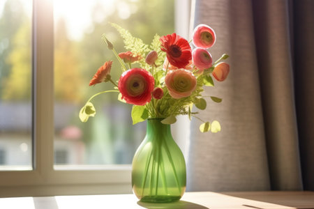 Bouquet of colorful flowers in green vase on windowsillの素材