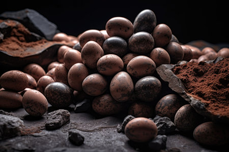 Close up of raw cocoa beans, cocoa powder and eggs on black background.の素材