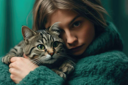 beautiful young woman in a green sweater with a cat in her armsの素材