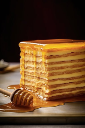 Stack of pancakes with honey and caramel. Shallow dof.の素材