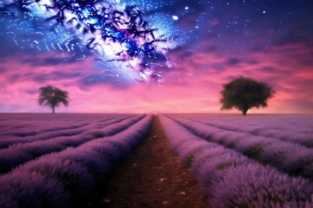Beautiful purple lavender field with a tree and starry skyの素材