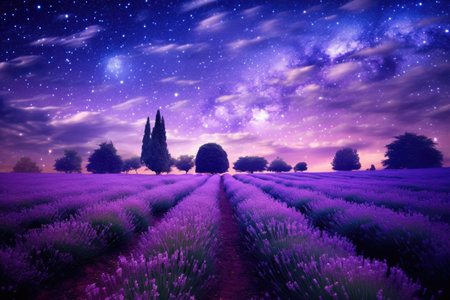 Lavender field at night, purple flowers and sky with starsの素材