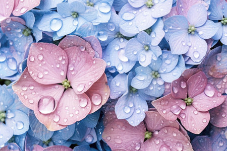 Beautiful hydrangea flowers with water drops, floral backgroundの素材