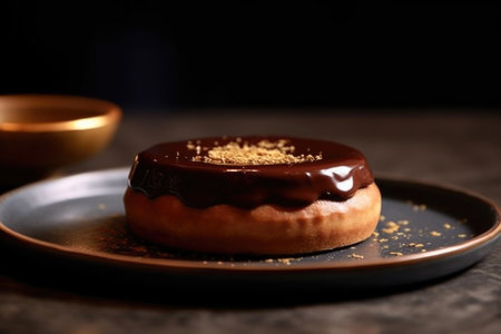 Chocolate glazed donut on a plate on a dark backgroundの素材
