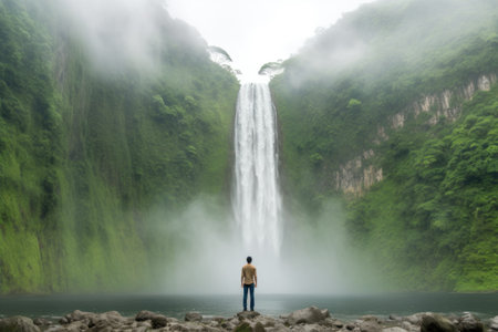 Man standing in front of a waterfall in Hualien, Taiwanの素材