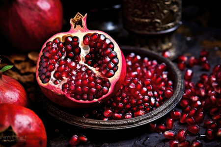 Ripe pomegranate on a black background. Selective focus.の素材