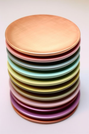 A stack of multicolored plates on a white background close upの素材