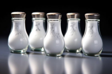Salt and pepper shakers on a black background. Shallow depth of field.の素材