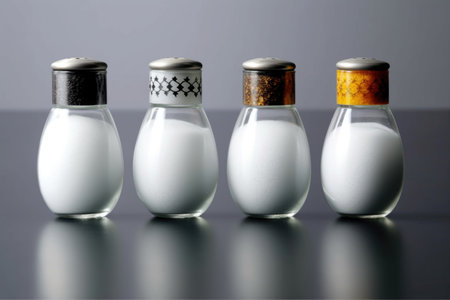 Salt and pepper shakers on a dark background. Shallow depth of field.の素材