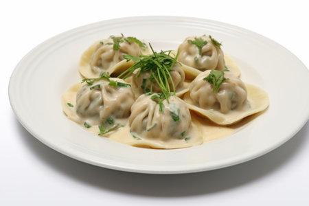 Meat dumplings with cream sauce and parsley on a white backgroundの素材
