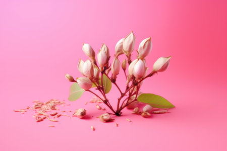 Beautiful pink magnolia flowers on pink background. Studio shot.の素材