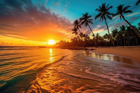 Beautiful tropical beach and sea with coconut palm tree at sunset time - Holiday Vacation conceptの素材