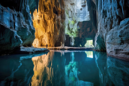Cave with reflection in the water, Bate Caves, Malaysiaの素材