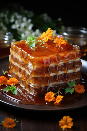 Honey cake with marigold flowers on a dark background.の素材