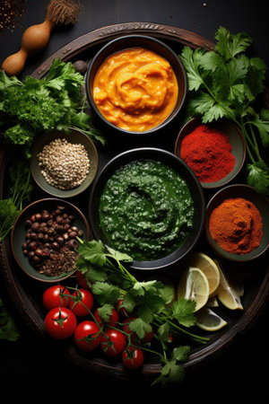 Spices and herbs on dark background. Food and cuisine ingredients.の素材