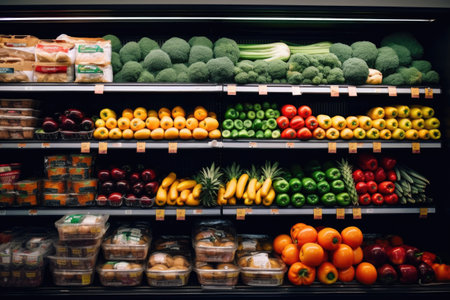 Fruits and vegetables on shelves of a grocery store. Healthy eating concept.の素材