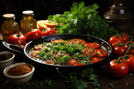 Tomatoes with parsley and spices in a frying pan on a dark backgroundの素材