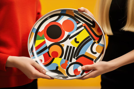 Close-up of two young women holding a round plate with abstract figuresの素材