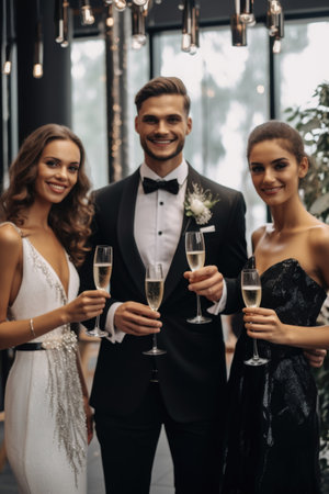 selective focus of smiling bride and groom holding glasses with champagne in restaurantの素材