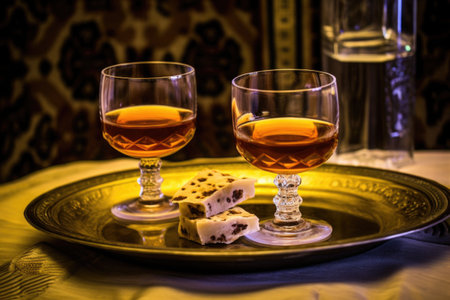Two glasses of brandy, cognac or brandy on a wooden tableの素材
