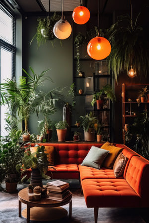 interior of modern living room with orange sofa and plants in potsの素材