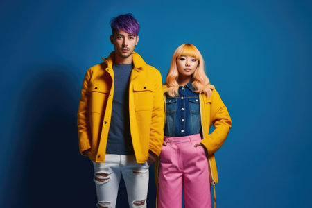 stylish young couple in yellow jackets and pink pants on blue backgroundの素材