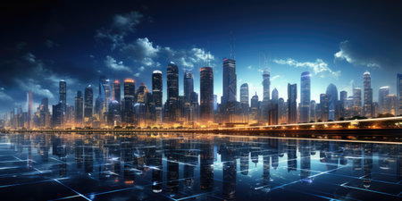 Shanghai cityscape at night with reflection in Huangpu riverの素材