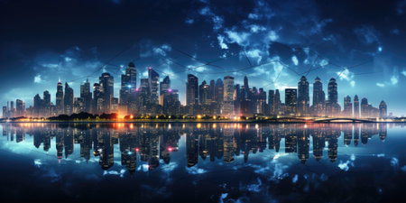 Modern cityscape with skyscrapers and reflection in water at nightの素材