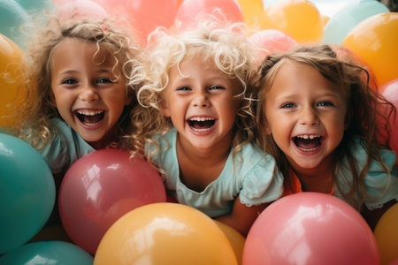 happy kids with colorful balloons having fun together at birthday party, isolated on greyの素材