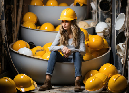 Young woman in a hard hat sitting on the floor in the construction site.の素材