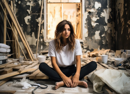 A young woman is sitting on the floor in an abandoned building.の素材