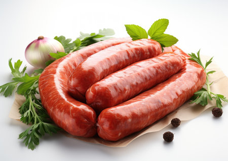 Raw sausages with spices and parsley on a white backgroundの素材