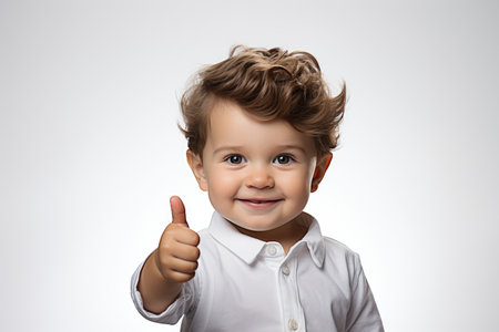 Portrait of a cute little boy with thumbs up over gray backgroundの素材
