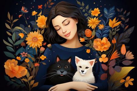 Beautiful young woman with cat and flowers on dark background, vector illustrationの素材