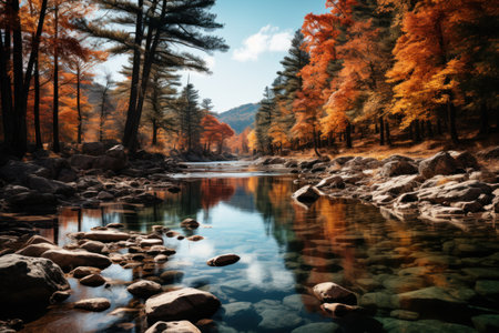 Beautiful autumn forest landscape with river and reflection in the water.の素材