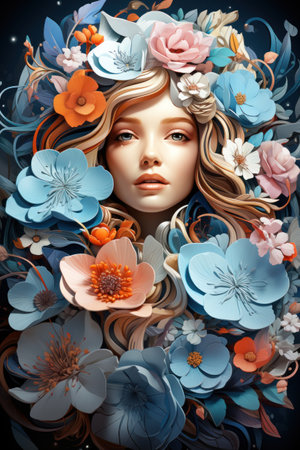 Beautiful young woman with flowers in her hair. 3d renderingの素材